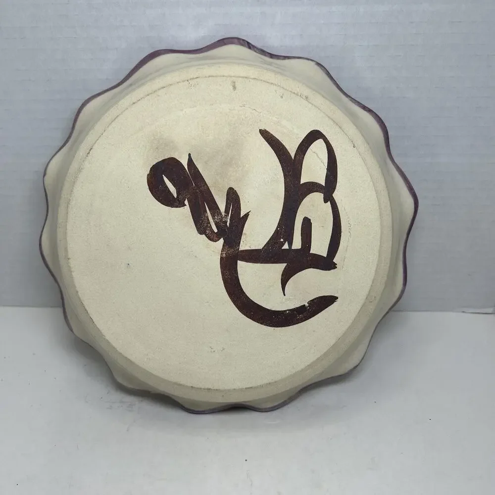 Art Pottery Pie Dish Purple Kitty Cat Ruffled Edge Signed Ceramic 10